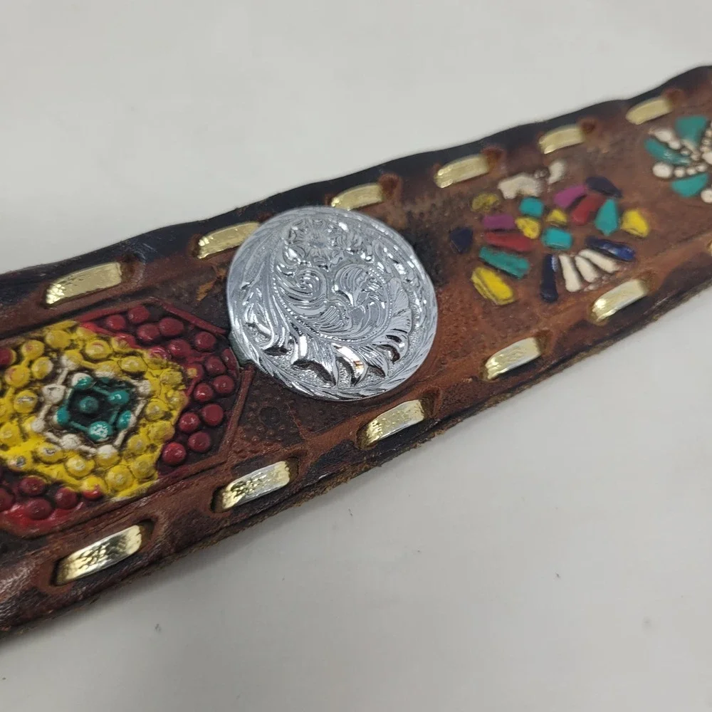 Brown Leather Belt 38 Painted Tooled Leather Concho Western Ranch Cowboy Rodeo